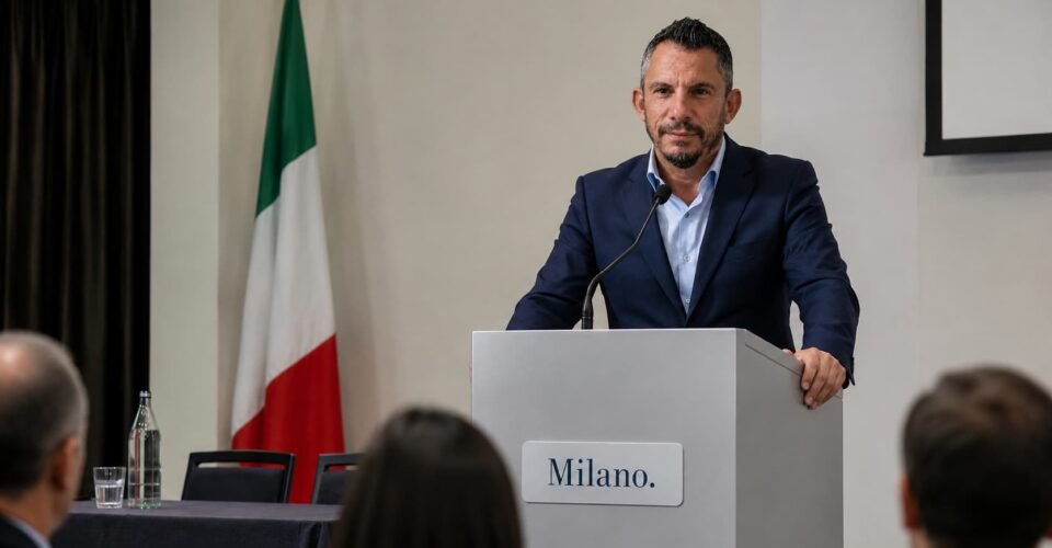 podio con microfono per conferenza stampa di un piccolo partito politico candidato Arusa Italexit