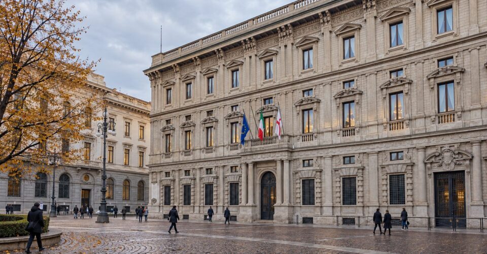 Palazzo Marino, sede del Comune di Milano, con un tram e un autobus ATM che passano in piazza della Scala
