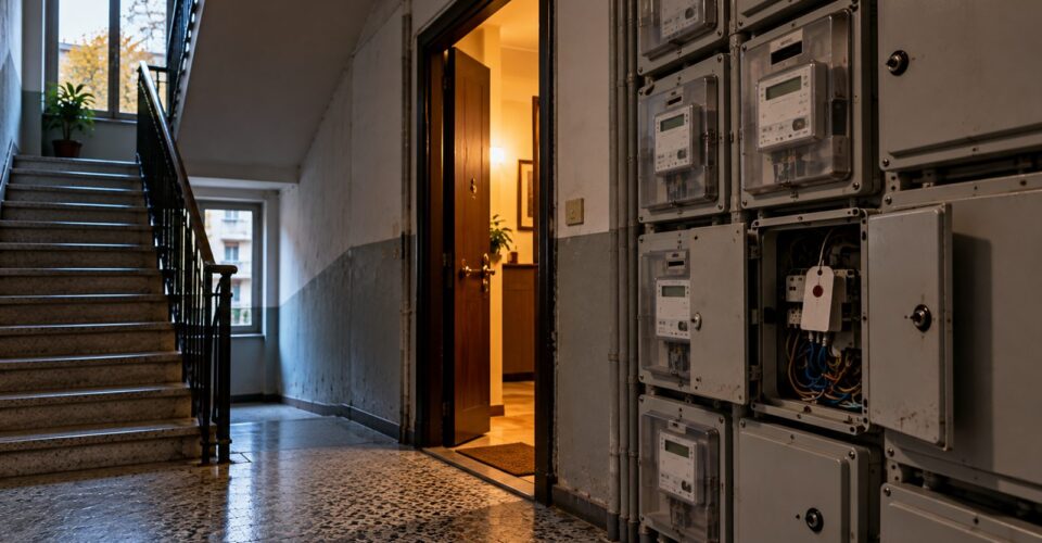 Un cortile di case popolari a Milano con panni stesi ai balconi e una mamma che accompagna un bambino
