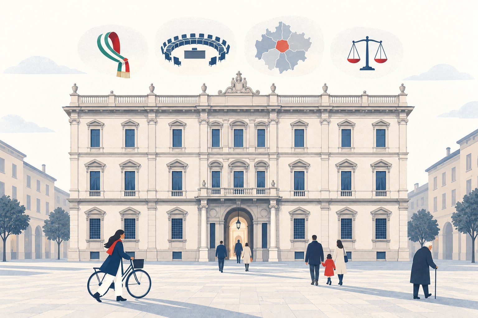 illustrazione di palazzo marino a milano con persone che entrano, simbolo del comune