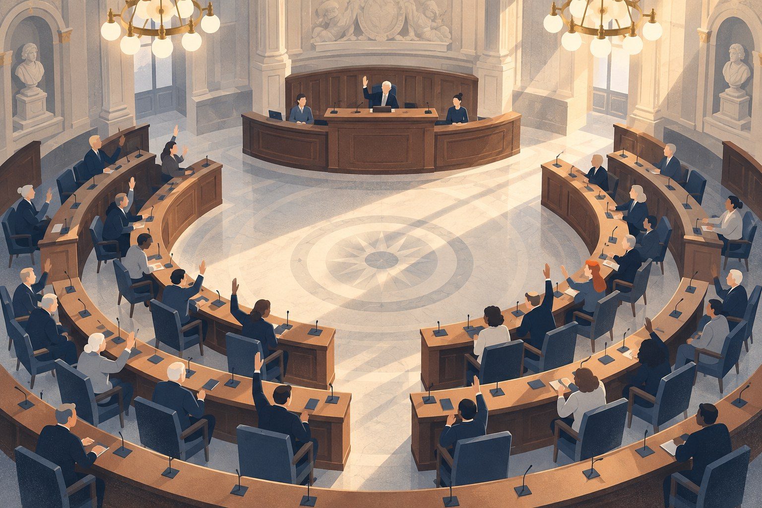 illustrazione dell'aula del consiglio comunale di milano vista dall'alto con i banchi a semicerchio