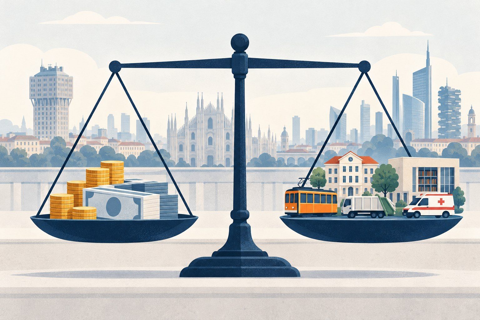 illustrazione del bilancio comunale come una bilancia con monete da un lato e servizi della città dall'altro