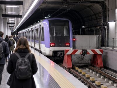 Treno lilla della metropolitana M5 fermo al capolinea, con la galleria chiusa oltre la fine della banchina