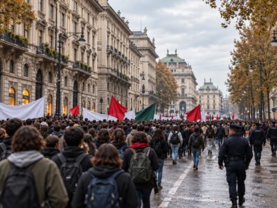 Corteo pacifico in corso Venezia a Milano, con agenti di polizia lungo i lati della strada