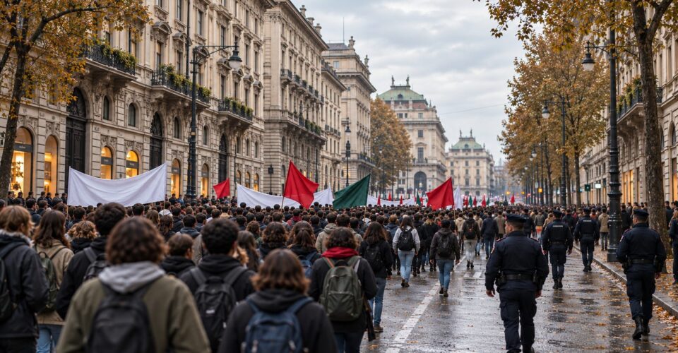Corteo pacifico in corso Venezia a Milano, con agenti di polizia lungo i lati della strada