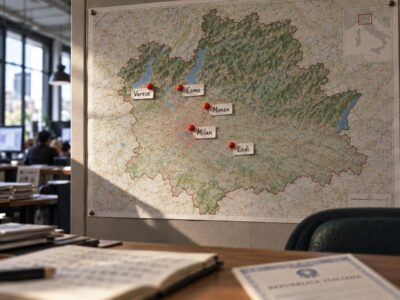 Mappa della Lombardia con Milano, Varese, Como, Lodi e Monza segnati: i capoluoghi al voto nel 2027