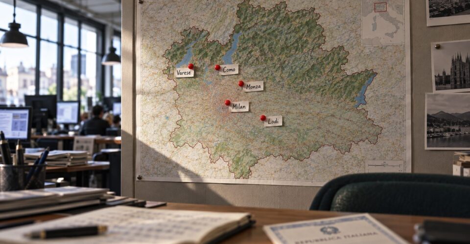 Mappa della Lombardia con Milano, Varese, Como, Lodi e Monza segnati: i capoluoghi al voto nel 2027
