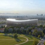 Rendering del Generali Stadium, il nuovo stadio di San Siro di Inter e Milan, visto dall'alto con lo skyline di Milano
