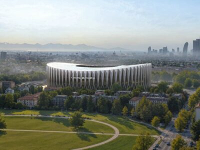 Rendering del Generali Stadium, il nuovo stadio di San Siro di Inter e Milan, visto dall'alto con lo skyline di Milano