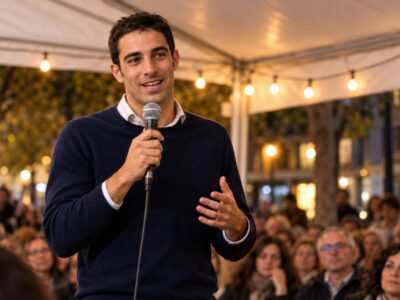 Lorenzo Pacini, possibile candidato alle primarie del centrosinistra, parla al microfono in un dibattito a Milano