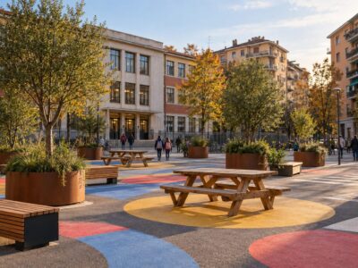 nuova piazza scolastica pedonale al portello di milano con panchine, tavoli e piante davanti alla scuola