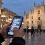 Mani di un ragazzo con uno smartphone e una chat aperta, sullo sfondo il Duomo di Milano illuminato