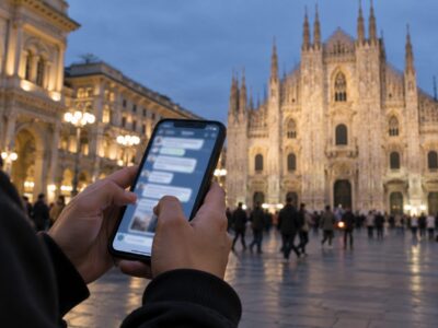 Mani di un ragazzo con uno smartphone e una chat aperta, sullo sfondo il Duomo di Milano illuminato