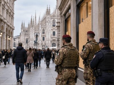 Paracadutisti e agenti di polizia in corso Vittorio Emanuele a Milano, con le vetrine dei negozi protette da pannelli