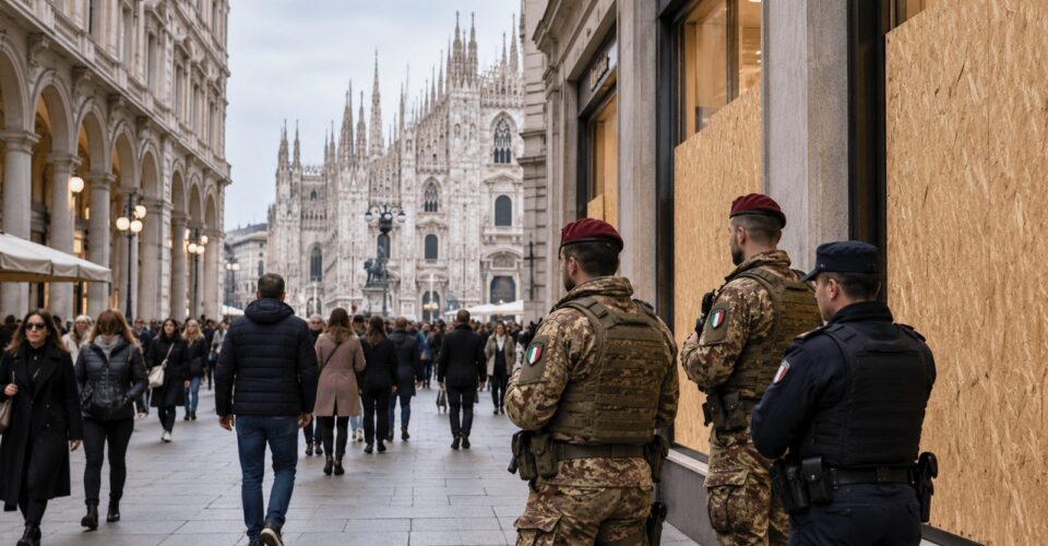 Paracadutisti e agenti di polizia in corso Vittorio Emanuele a Milano, con le vetrine dei negozi protette da pannelli