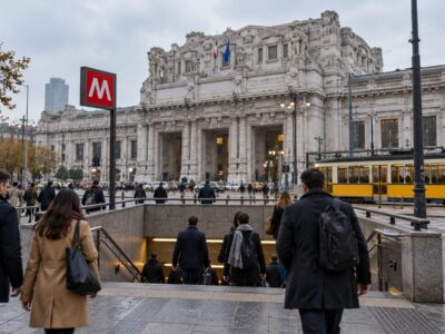 Pendolari all'ingresso di una stazione della metropolitana di Milano in una mattina d'autunno