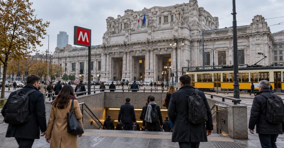 Pendolari all'ingresso di una stazione della metropolitana di Milano in una mattina d'autunno