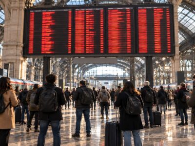 Pendolari davanti al tabellone delle partenze alla Stazione Centrale di Milano in un giorno di sciopero
