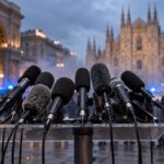 Microfoni di diverse testate su un leggio, sullo sfondo sfocato gli scontri in piazza del Duomo a Milano