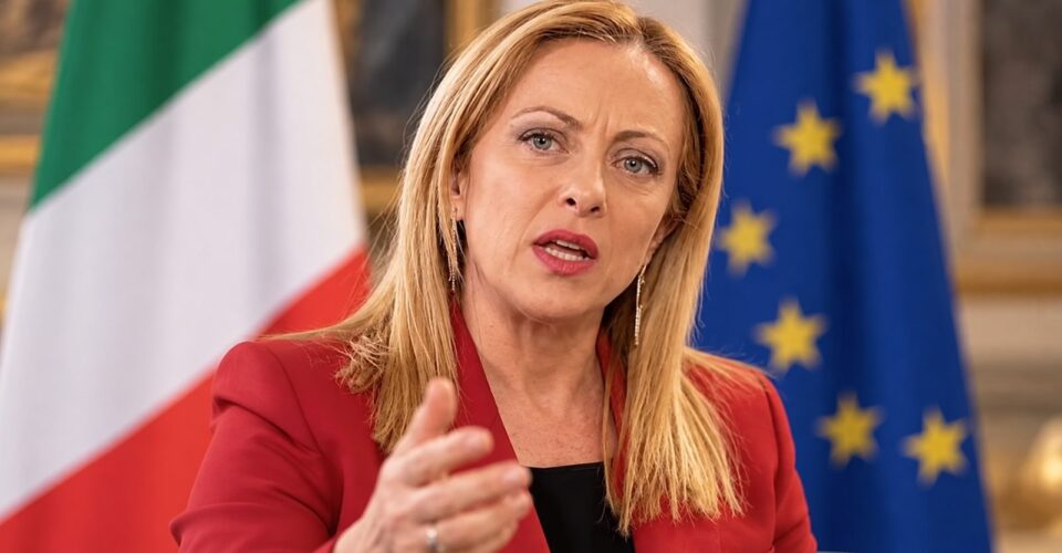 Giorgia Meloni parla a un leggio in una sala istituzionale con le bandiere italiana ed europea